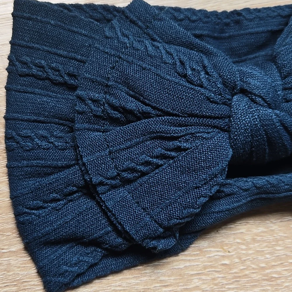 Baby Toddler Navy Cable Knit Bow Headband Stretchy Wide Kids Top Knot Hair Band